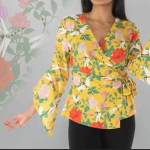 Betabrand Blouse Dragonfly Wrap Bell Sleeve XL NWT